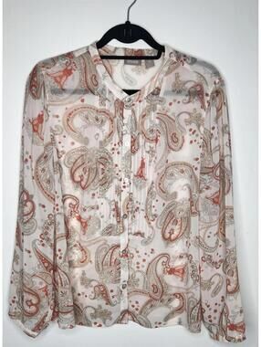 Chico's Blouse Womens Large Cream Coral Paisley Sheer Button Front Pintuck Top
